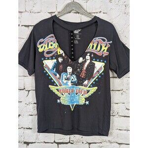 AEROSMITH Official Merch Grommet Choker Collar Tee Dark Gray Cotton Size Small